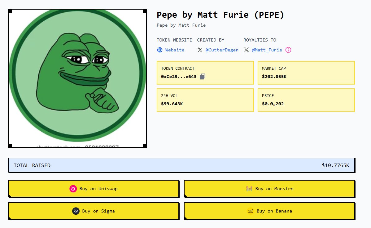 CutterDegen's tweet image. I launched the PEPE version with rewards for @matt_furie on GIV.FUN. Now he has $11k to claim in fee rewards. Let’s send it to millions! PEPE is the GOD of ETH — we must give back to Matt for his creation.

0xce29ef7c6551127a3ab9235de79cf0da9ce3e643