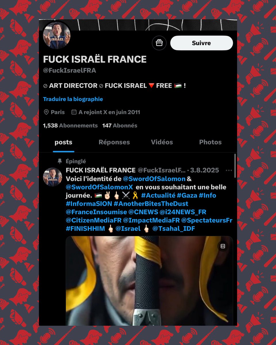SwordOfSalomon's tweet photo. 🚨 SIGNALEMENT : Corentin Vallet, 36 ans, « directeur artistique » parisien (13ᵉ), est l’individu qui se cache derrière le compte anonyme @FuckIsraelFRA.

Antisémite pro-palestinien 🇵🇸 proche des milieux soraliens, il inonde TikTok de montages IA incitant à la haine des Juifs et faisant l’apologie du terrorisme.

👃Il s’amuse notamment à déformer le visage de personnalités politiques juives, comme @CarolineYADAN, en leur allongeant le nez, dans la plus pure tradition caricaturale antisémite.

🎬❌🕵🏻‍♂️ Dans l’un de ses montages, il accuse à tort un jeune homme, totalement étranger à l’affaire, d’être moi, en se basant… sur la forme de son oreille. Erreur extrêmement grave. On ne s’improvise pas enquêteur.
Je ne m’appelle pas Lyron Haddad. 

Corentin, l’addition arrive…⏳⚖️

cc @PoliceNationale @prefpolice @Interieur_Gouv @Association_OJE