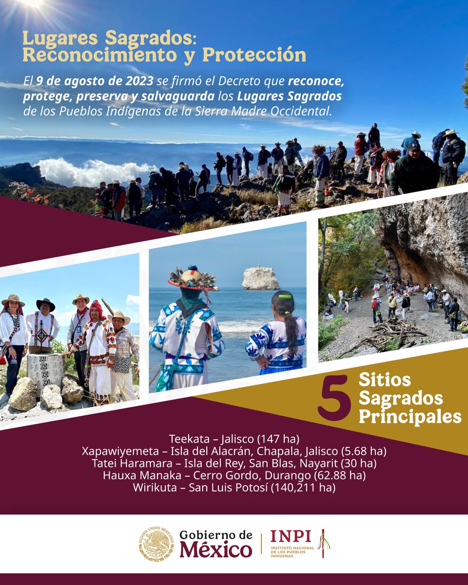 #SabíasQue | ⛰️ 

El 9 de agosto de 2023 se firmó el Decreto que reconoce, protege, preserva y salvaguarda los Lugares Sagrados de los Pueblos Indígenas de la Sierra Madre Occidental.

El pilar fundamental del Plan de Justicia para los pueblos Wixárika, Náayeri, O'dam o Au'dam y