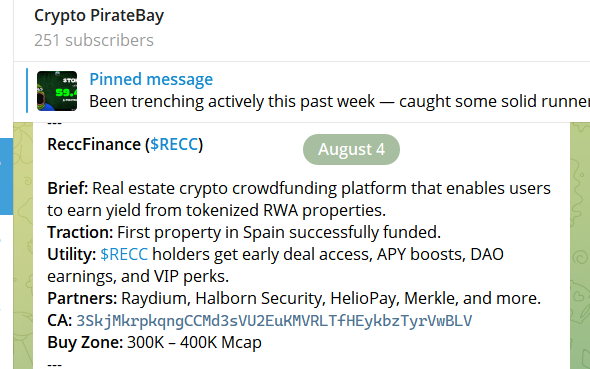 Crypto Pirate (@crypt0pirate_) on Twitter photo On Aug 4, I shared long-term bag list on my channel.
One of the pick was <a href="/RECCFinance/">RECC Finance</a>
Today, with Toly shilling it, $RECC is up 3x.
It's an RWA project with official backing from some very big names.
To see full list, join my channel:
t.me/TheCryptoPirat… On Aug 4, I shared long-term bag list on my channel.
One of the pick was <a href="/RECCFinance/">RECC Finance</a>
Today, with Toly shilling it, $RECC is up 3x.
It's an RWA project with official backing from some very big names.
To see full list, join my channel:
t.me/TheCryptoPirat…