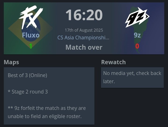 ⚠️ 9z es obligado a dar W.O en la serie vs Fluxo y finaliza su participación en la Open Qualy a CS Asia Championship. 

Los motivos serán aclarados por la organización.