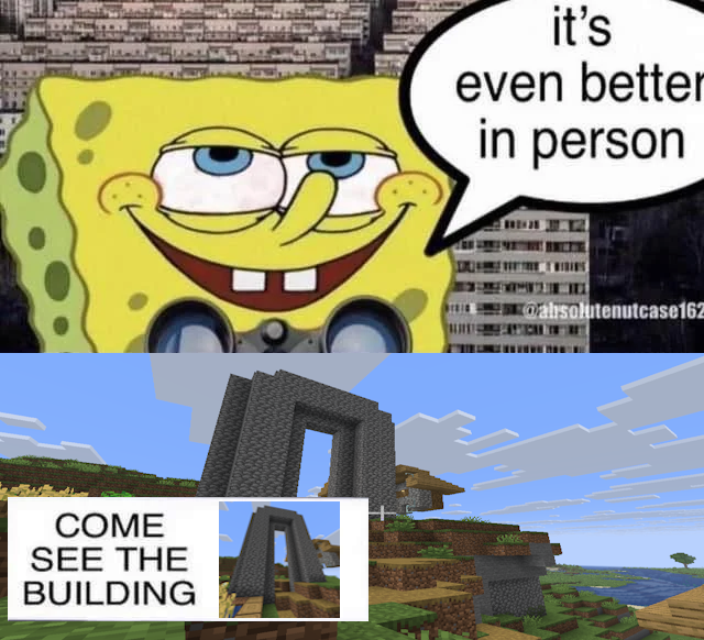 theres a mob spawner in my village so i had to build a really ugly structure for a farm and it just feels like this