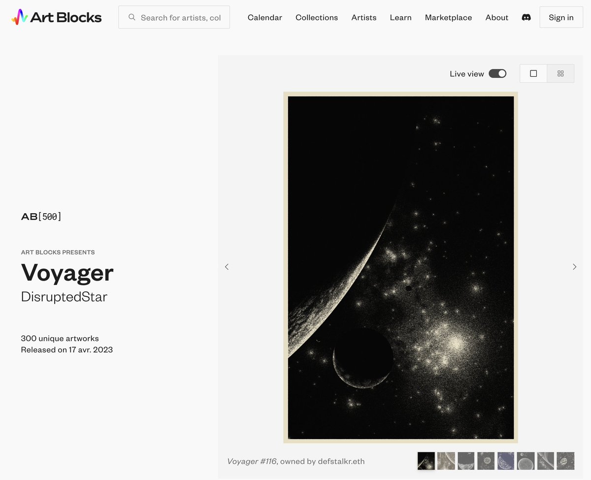Voyager on <a href="/artblocks_io/">Art Blocks</a>.
AB[500] collection, forever...