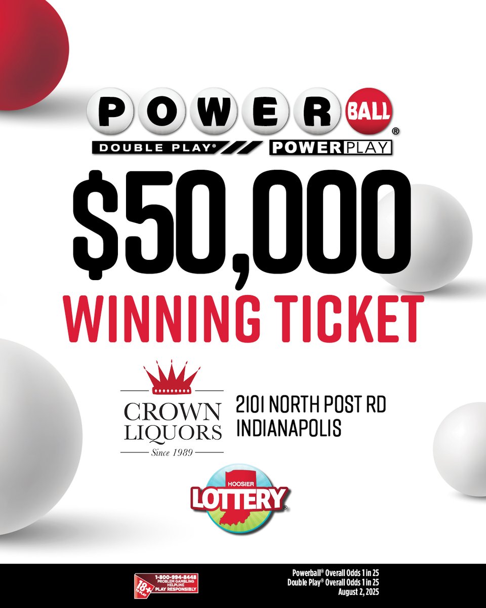 Crown_Liquors's tweet image. Powerball – Crown Liquors 
A $50,000 Powerball® prize has been hit in Indianapolis—congratulations to the winner! Ready to try your chance in the next drawing? Grab your ticket today! 
#HoosierLottery #Indianapolis #Powerball #Winner #CrownLiquors