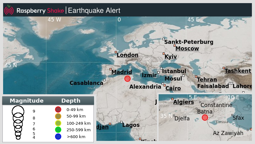 raspishakEQ's tweet photo. Preliminary M5.0 #Earthquake
ID: #rs2025qdzspa
75km from #Chechar, #NorthernAlgeria
2025-08-17 19:11 UTC
Source: #GFZ
@raspishake
Join the largest #CitizenScience EQ community ➡ https://t.co/Y5O0dgJqJF
EVENT ➡ https://t.co/PPY3h7Zwr3 https://t.co/jRiNcaCT62