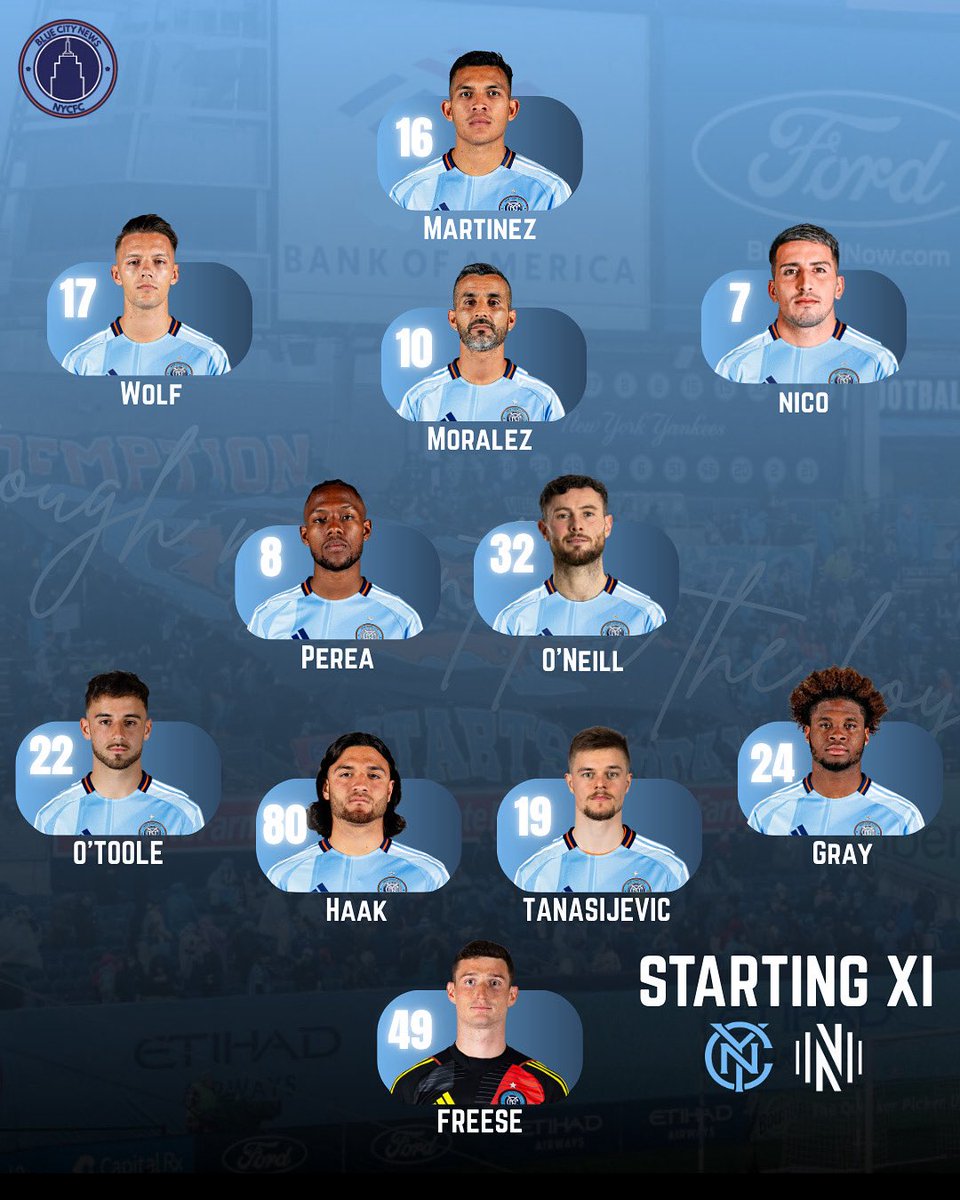 BlueCityNewss's tweet image. Our Lineup vs Nashville SC at Yankee Stadium today! COYBIB💙

#nycfc #newyorkcityfc #mls