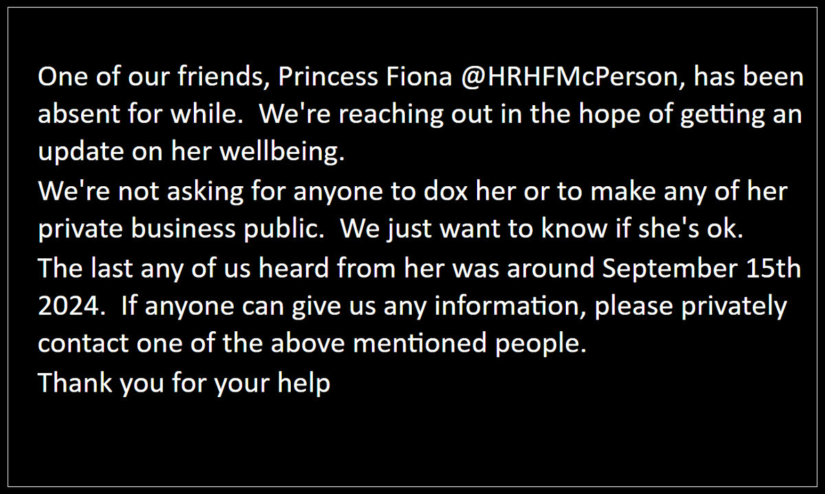Melvin Deeply (@melvin_deeply) on Twitter photo Please retweet, and contact one of the people below if you have any info on <a href="/HRHFMcPerson/">Princess Fiona McPherson Pronouns F & U</a> . Thank you.
<a href="/AllianceWTTC/">Mr Brown Alliance</a> <a href="/EmperorGoodwin/">Emperor Jay Goodwin</a> <a href="/DarkHourYT/">ɖǟʀӄɦօʊʀ</a> <a href="/Melvin_Deeply/">Melvin Deeply</a> Please retweet, and contact one of the people below if you have any info on <a href="/HRHFMcPerson/">Princess Fiona McPherson Pronouns F & U</a> . Thank you.
<a href="/AllianceWTTC/">Mr Brown Alliance</a> <a href="/EmperorGoodwin/">Emperor Jay Goodwin</a> <a href="/DarkHourYT/">ɖǟʀӄɦօʊʀ</a> <a href="/Melvin_Deeply/">Melvin Deeply</a>