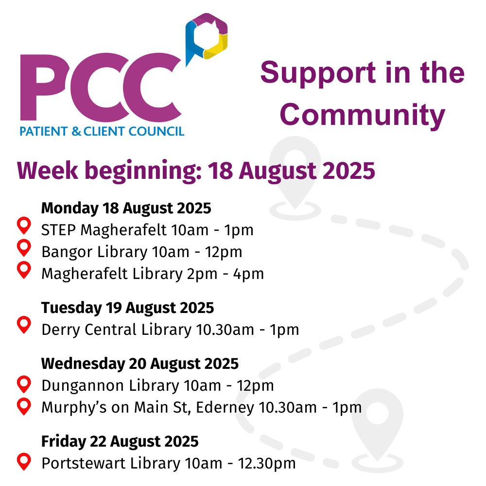 PatientClient's tweet image. ❓Do you have a concern about the health or social care you have received? 

PCC trained practitioners will be out and about again this week ⬇️ Call in for free advice &amp;amp; support

🌐Visit our website for more info pcc-ni.net/pcc-support/pc…

 #PCCSupport #TeamPCC
