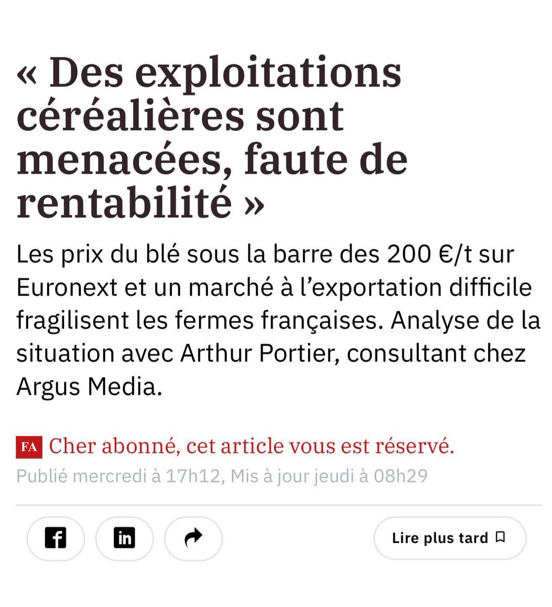 أسعار القمح الفرنسي تهوي إلى  إلى ما دون 200 يورو للطن..
👈 توقف #الجزائر عن استيراد القمح الفرنسي شكَّل ضربة موجعة لاقتصاد فافا..