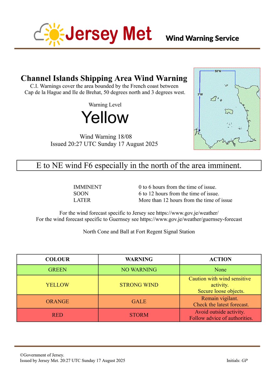 Wind Warning 18/08 issued 20:27 UTC Sunday 17 August 2025.