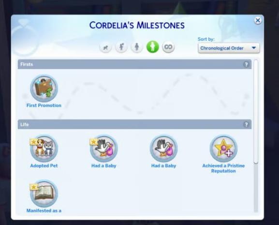 lunar_britney's tweet photo. As someone who got introduced to the sims franchise by The Sims 2 PC, one thing I wish that was done better is Milestones in TS4 Growing Together.

Milestones have this weird categorization which ruins the chronological order of memories. Like I MUST know if my sims experienced their first fire before or after giving birth to their unfortunate looking child! Otherwise it's just another generic "stats" system :/

And so many milestones don't add much context (like ones in Life and Death, there's a milestone "First Loss" - doesn't mention who they lost at all and is the only death related memory in the entire game and it only is a "Firsts" type of memory, like what's the point of that?

Also milestones aren't loaded for sims outside the active household so if you form important relationships with sims, they simply won't have any milestones you'd expect. I get it's a lot of data to hold onto, but it's like, it's a life simulator, for there to be depth you kind of need to keep lots of data 😭