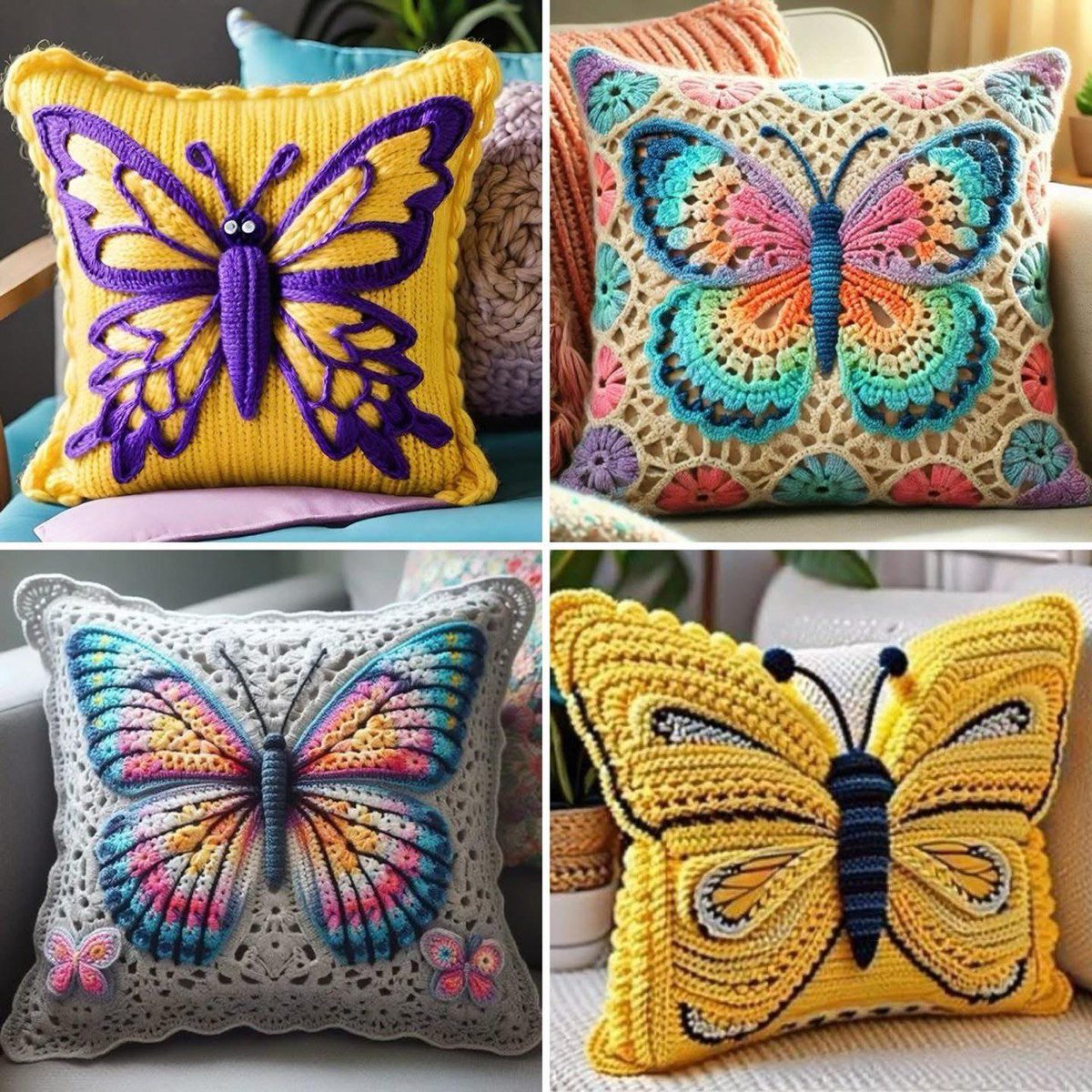 caption for this image

"Vibrant crochet butterfly pillows adding a colorful touch to cozy home decor!  #CrochetArt #HomeDecor #ButterflyPillow"