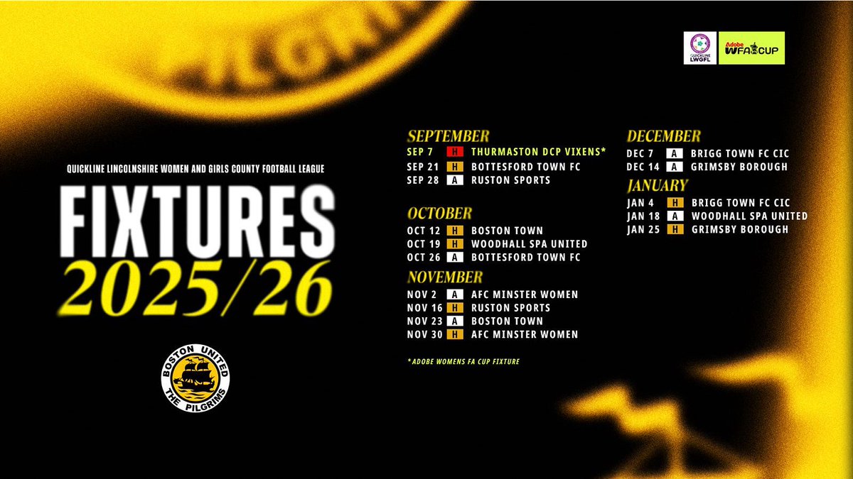 BostonUnitedWFC's tweet image. 📆 Women’s | Our 2025/26 fixtures! 🙌

🔥We cannot wait to get stuck into the season!

#upthepilgrims🖤🧡