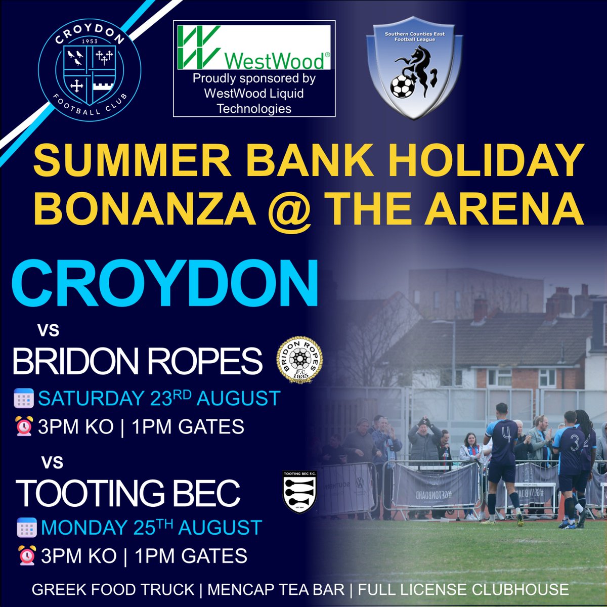 Croydon_FC's tweet photo. There's twice the fun next week with not one but two matches at Croydon Sports Arena on the Bank Holiday weekend. @Croydon_FC host @Bridon1935 on Saturday followed by @TootingBecFC on Monday. Both games kick off at 3pm. #comeonyoutrams #getonboard #dingding https://t.co/KIL38FrWmZ