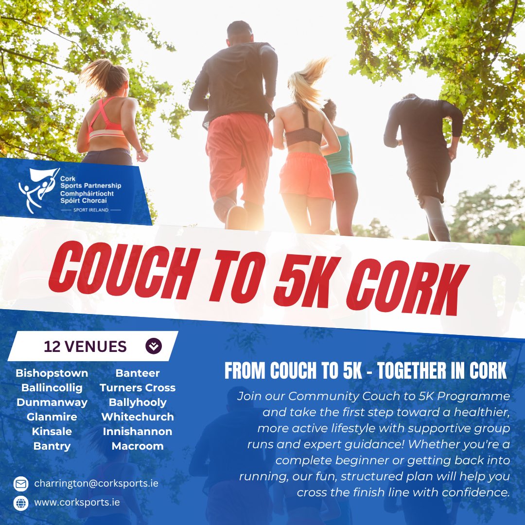 CorkSports's tweet photo. 🤩✨ Couch to 5km Programmes | This August 👟 Already 205 people registered 🎉

Includes discounted entry to our Rebel Run in October 🫶🏻

📅 Starting This week 
📍 12 venues city &amp; county
🏃🏻‍♀️ 8 Week Programme 

🎟 https://t.co/kHs2QrjtYl

#ActiveCork https://t.co/CprBmO7zrB