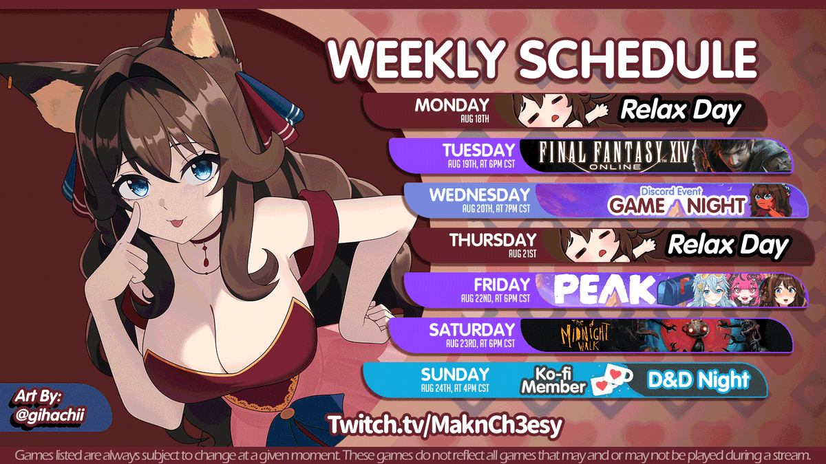 ❤︎ 𝑺𝒕𝒓𝒆𝒂𝒎 𝑺𝒄𝒉𝒆𝒅𝒖𝒍𝒆  ❤︎

𝘛𝘜𝘌𝘚- 𝘍𝘪𝘯𝘢𝘭 𝘍𝘢𝘯𝘵𝘢𝘴𝘺 𝘟𝘐𝘝
𝘞𝘌𝘋𝘚- 𝘎𝘢𝘮𝘦𝘕𝘪𝘨𝘩𝘵
𝘍𝘙𝘐- 𝘗𝘦𝘢𝘬
𝘚𝘈𝘛- 𝘛𝘩𝘦 𝘔𝘪𝘥𝘯𝘪𝘨𝘩𝘵 𝘞𝘢𝘭𝘬
𝘚𝘜𝘕- 𝘋𝘕𝘋

𝑺𝒆𝒆 𝒚'𝒂𝒍𝒍 𝒊𝒏 𝒄𝒉𝒂𝒕 ❤︎