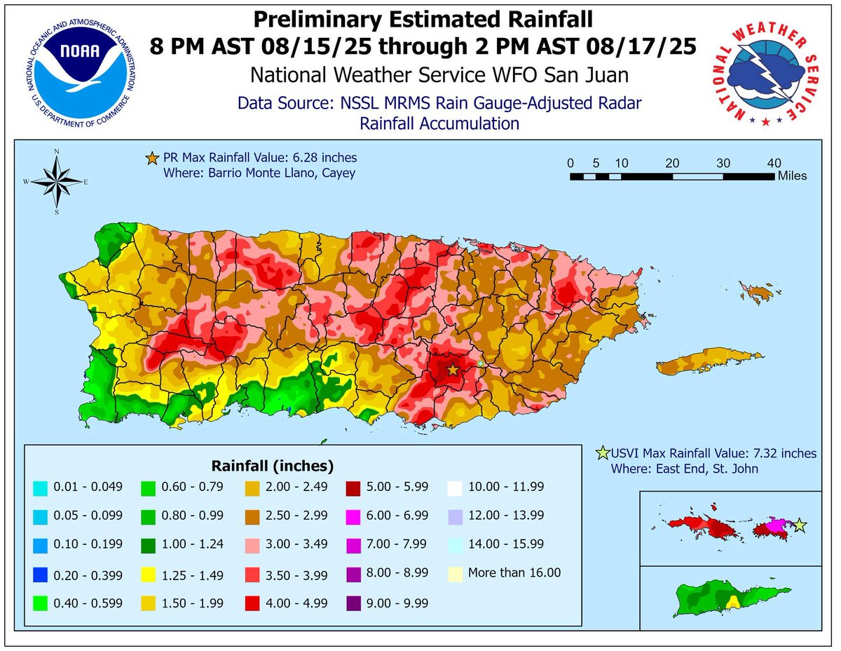 twcenterpr's tweet photo. Aquí las cantidades de lluvias preliminares tras el paso cercano por nuestra zona del huracán #Erin. En Cayey ya han caído 6.28". Lluvias adicionales podrían caer en las próximas horas debido a humedad tropical asociada a Erin. 🌀 #Huracanes2025 https://t.co/GW8bwwP4Iu