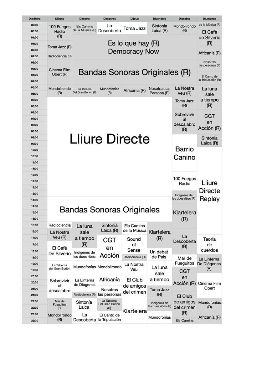 radioklara's tweet image. Actualitzada la graella de programació de Radio Klara:
radioklara.org/radioklara/?pa…
Descarrega pdf:
radioklara.org/radioklara/wp-…
#RàdioKlara #Programació #RàdioLliure #València
