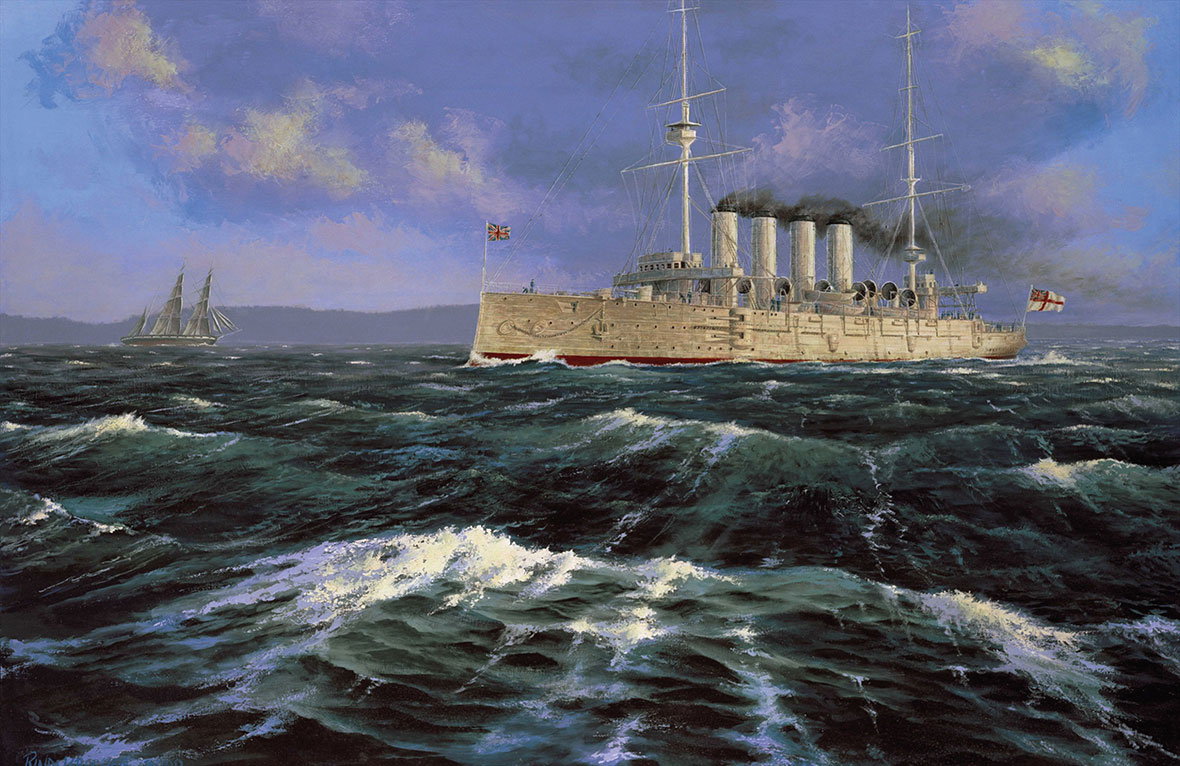 Peter Rindlisbacher, HMCS Niobe at Daybreak, depicting the ship proceeding out to sea. #RCN