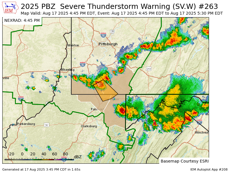 PBZ issues Severe Thunderstorm Warning [wind: 60 MPH (RADAR INDICATED), hail: 0.00 IN (RADAR INDICATED)] for Fayette, Greene [PA] and Monongalia, Preston [WV] till 5:30 PM EDT mesonet.agron.iastate.edu/vtec/f/2025-O-…