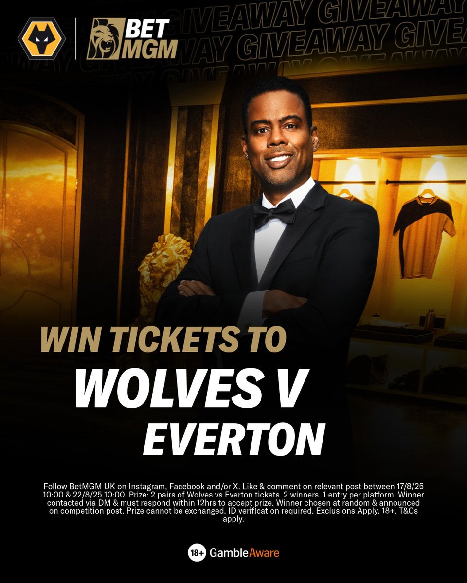 BetMGM UK (@betmgmuk) on Twitter photo BetMGM has two pairs of tickets to Wolves v Everton π«
How to Enter:
π€ ππ’πππ’πͺ <a href="/BetMGMUK/">BetMGM UK</a>
π€ ππππ this post
π¬ ππ’π π ππ‘π§ who scored their first goal for the club in this fixture last year?
18+. Winners notified 22nd August.
T&Cs: betmgm.uk/4fzPbzC
#WWFC BetMGM has two pairs of tickets to Wolves v Everton π«
How to Enter:
π€ ππ’πππ’πͺ <a href="/BetMGMUK/">BetMGM UK</a>
π€ ππππ this post
π¬ ππ’π π ππ‘π§ who scored their first goal for the club in this fixture last year?
18+. Winners notified 22nd August.
T&Cs: betmgm.uk/4fzPbzC
#WWFC