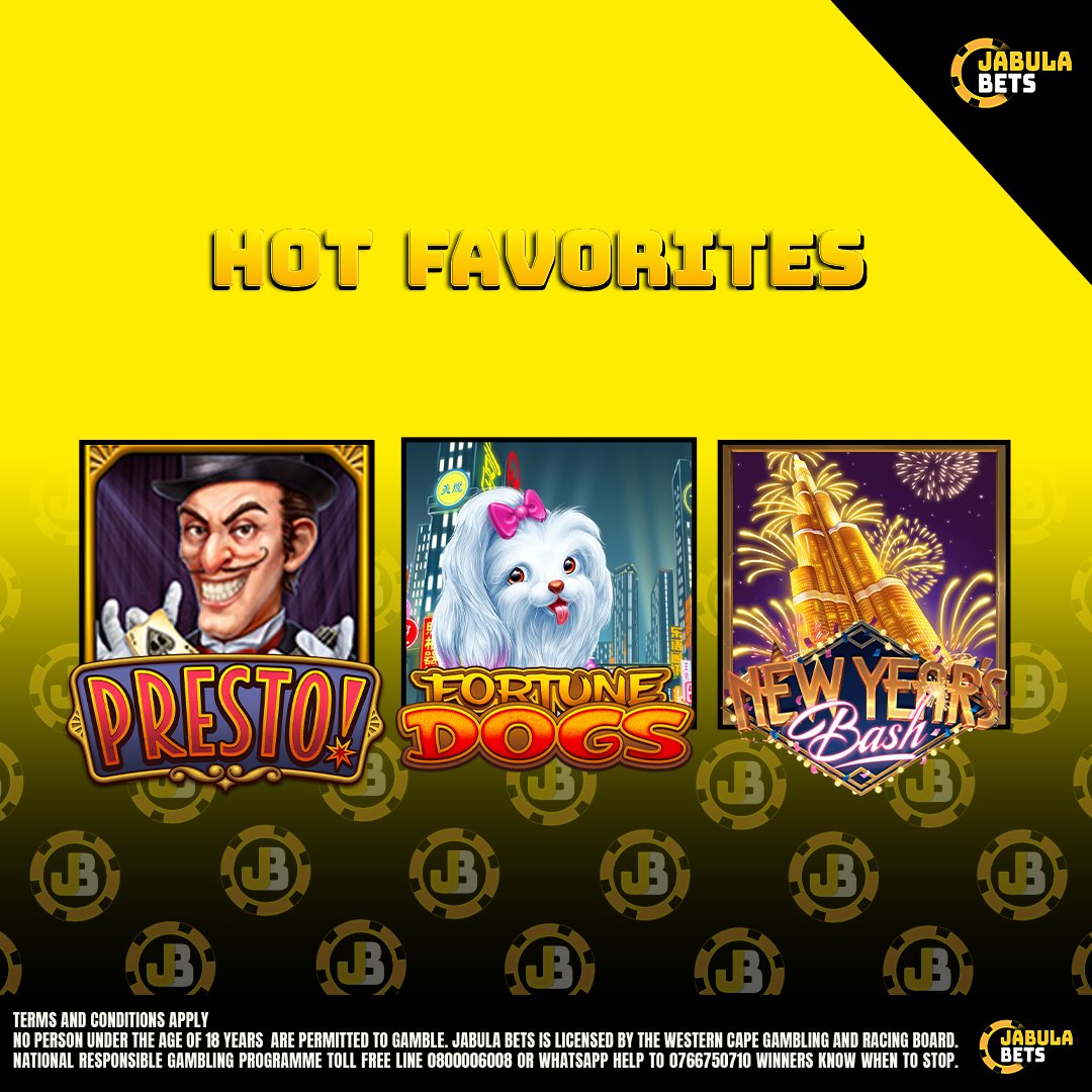 Bet on our hot favourites
3 games today are
1. Presto!
2.Fortune Dogs
3.New Years Bash
In the comments, tell us more about which games you like.
jabulabets.co.za
+18 | Winners Know When To Stop | NRGP 0800 006 008
#jabulacasino, , #betnowonJB, #JBcasino,