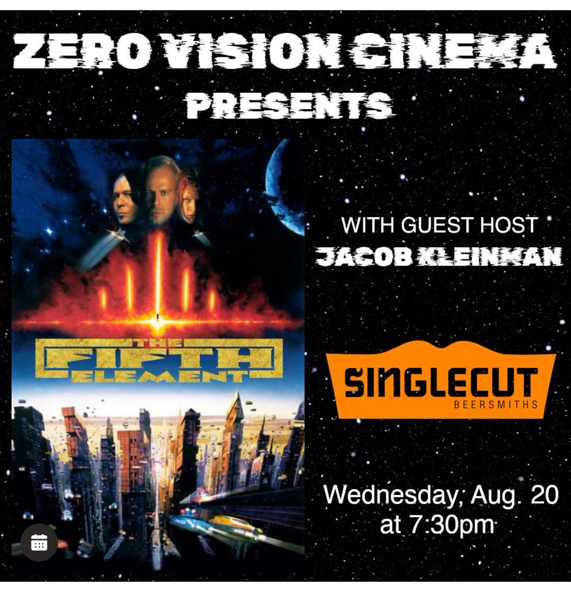 This Wednesday, I’m hosting a screening of The Fifth Element at Singlecut, a brewery in Astoria with good beer and a big projector screen. Come hang out and watch Bruce Willis do sci-fi stuff! (Ticket link in the reply)