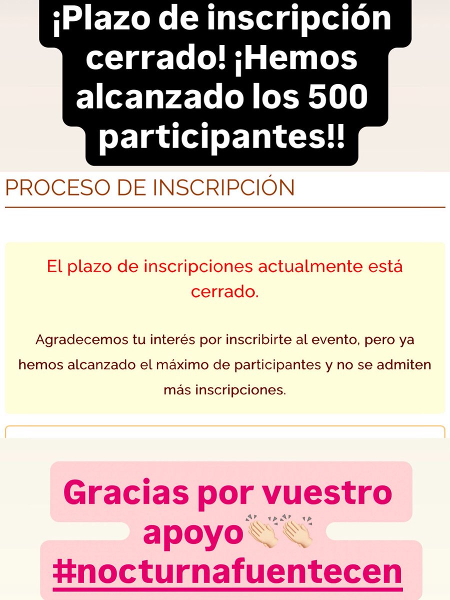 picotaragudo's tweet photo. Se acaba de cerrar el plazo de inscripción porque se ha llegado al máximo de participantes. ¡Ya somos 500!!👏🏻👏🏻 Desde la #nocturnafuentecen no nos acostumbramos a tener siempre esta gran respuesta y os damos las gracias por vuestro apoyo ¡Nos vemos el 22 en el #pinardefuentecen https://t.co/c8QQ6UXP59