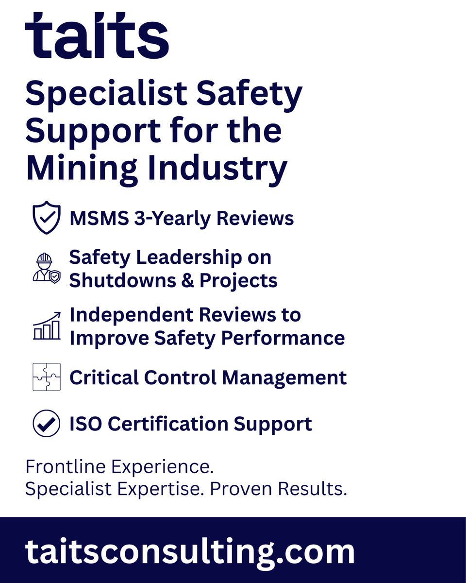 taitsconsulting's tweet photo. Are you looking for help with safety, compliance or productivity in mining?

At Taits Consulting, we bring frontline experience and specialist expertise in:
 🔹WHS compliance and Mine Safety Management Systems (including 3-yearly reviews)
 🔹Safety leadership support on shutdowns and projects
 🔹Critical control management (applying the Golden Thread)
 🔹Independent safety reviews & audits to improve safety performance
 🔹Safety leadership coaching for supervisors and managers
 🔹ISO45001, ISO9001 & ISO14001 certification support

Our consultants have worked in the field, led teams, and delivered measurable results across high-risk industries.

👉 Contact Taits Consulting today at https://t.co/TcjNT7Cge5 and see how our specialist team can assist you.

#WHS #MiningSafety