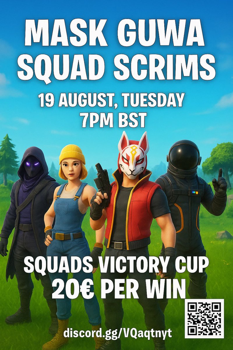🎊60€ Squad Scrims on Tuesday at 7 PM BST 🎊
&gt; Squads Format
&gt; 20€ Per Win (Split)
&gt;Like🩷&amp; RT♻️
&gt;Hand in Discord - discord.gg/QsFDABnz