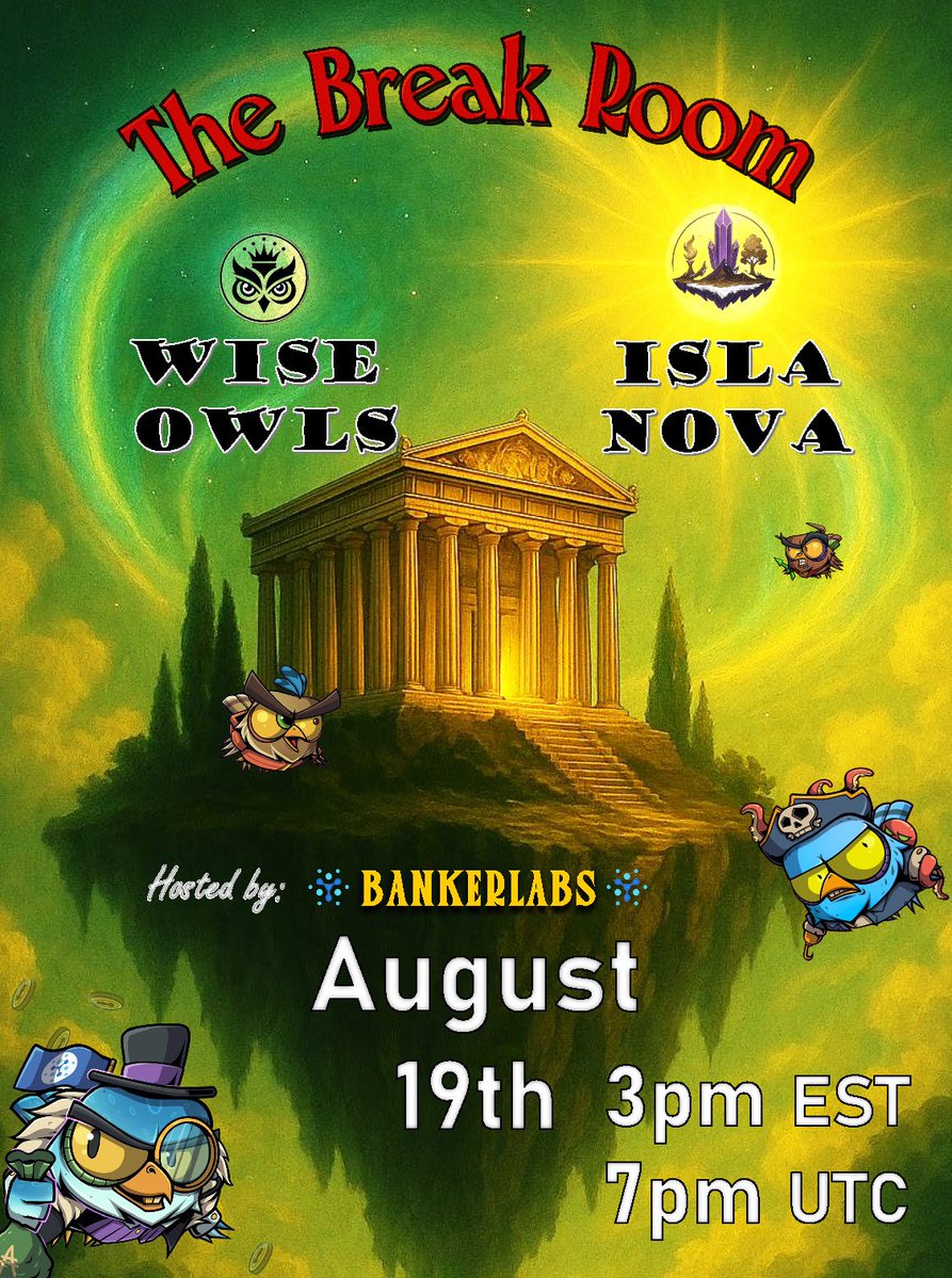 $BANK (@bankerlabs) on Twitter photo It's time for another session of The Break Room!
This episode will host <a href="/IslaNOVA_NFT/">INOVA Cardano</a> and <a href="/WiseOwlsNFT/">Wise Owls ๐ฆ</a> in a double header that you won't want to miss!
Join us August 19th at 7 PM UTC and let's make NFT's hype again!
โฌ๏ธLink in comments. It's time for another session of The Break Room!
This episode will host <a href="/IslaNOVA_NFT/">INOVA Cardano</a> and <a href="/WiseOwlsNFT/">Wise Owls ๐ฆ</a> in a double header that you won't want to miss!
Join us August 19th at 7 PM UTC and let's make NFT's hype again!
โฌ๏ธLink in comments.