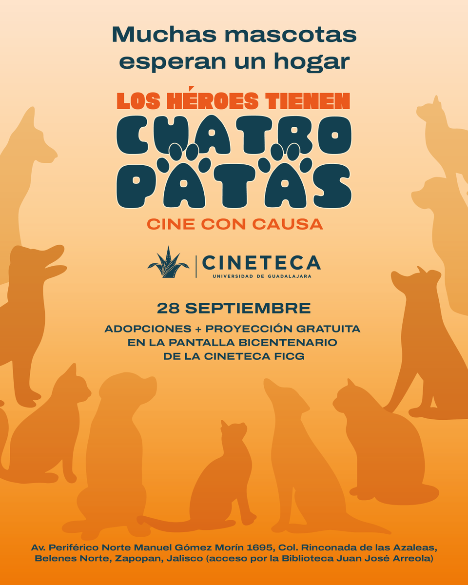 CinetecaFicg's tweet photo. Este 17 de agosto #DíaDeLaMascotaSinHogar recordamos a los lomitos y michis que buscan familia 🐾. Te invitamos a #CineConCausa: Los héroes tienen cuatro patas en la #CinetecaFICG, el domingo 28 de septiembre.
📍 16:00 Adopciones
🎥 19:00 Proyección al aire libre
🎟 Entrada libre https://t.co/tK3BS9JhW0