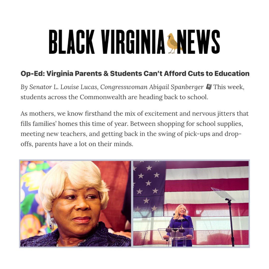 This fall, the power to decide the direction of our Commonwealth — and the future of our public schools — rests with Virginians at the ballot box.

Read my latest op-ed with <a href="/SenLouiseLucas/">L. Louise Lucas</a> in <a href="/BlackVaNews/">BlackVirginiaNews</a>:

blackvirginianews.substack.com/p/lucas-and-sp…