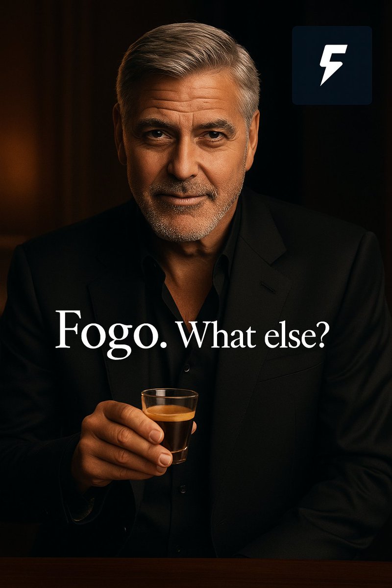 ジョージ・クルーニーがコーヒーを持ち、テキストに「Fogo. What else?」と稲妻ロゴが添えられている画像