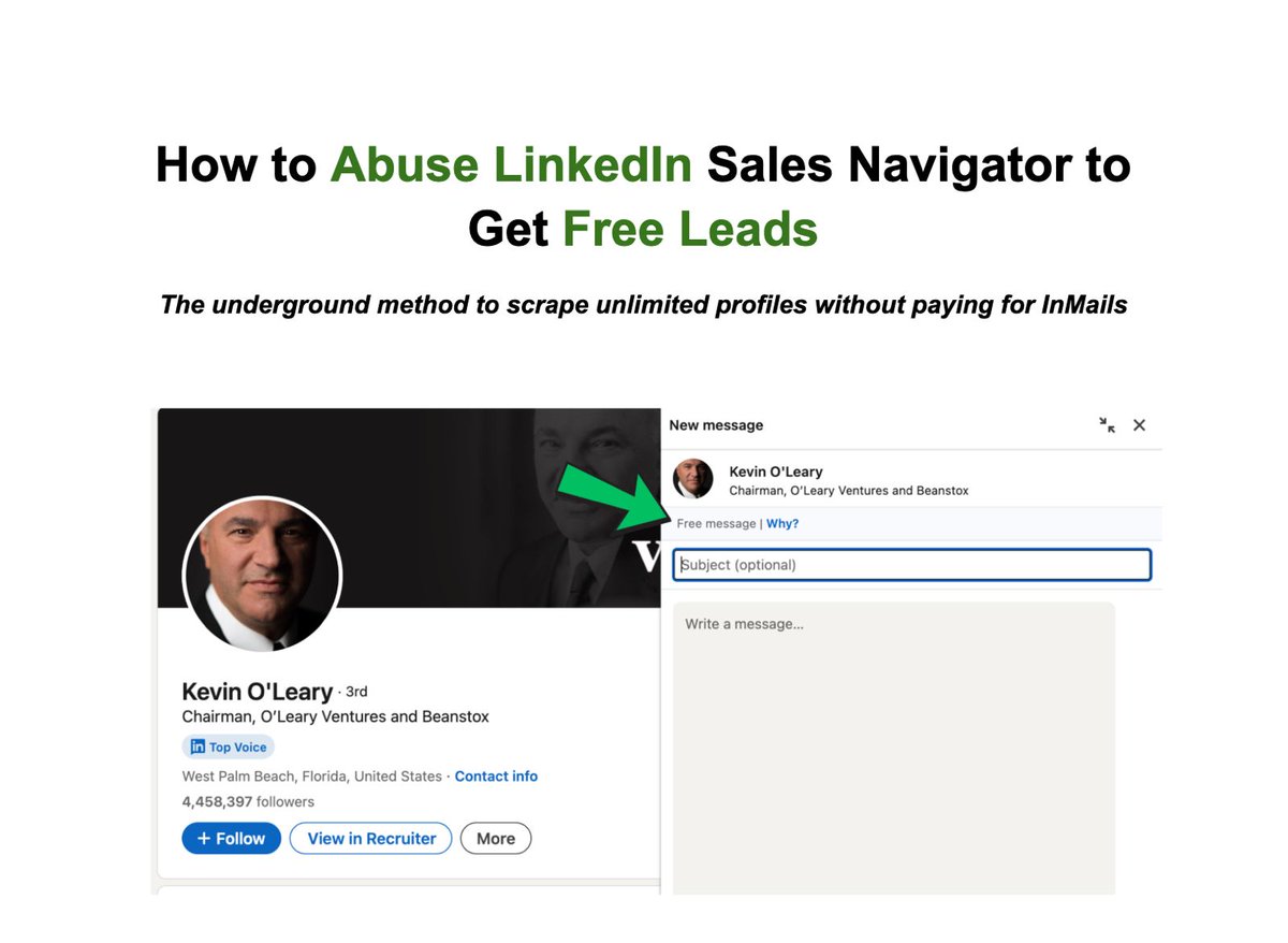 you can message Mr. Wonderful and a billion other people on LinkedIn for free

we’re getting 25% reply rates (10x better than cold email)…

with zero InMail credits needed

dropping our method to scrape unlimited open profiles

the guide shows:

- how to bypass LinkedIn’s 2,500