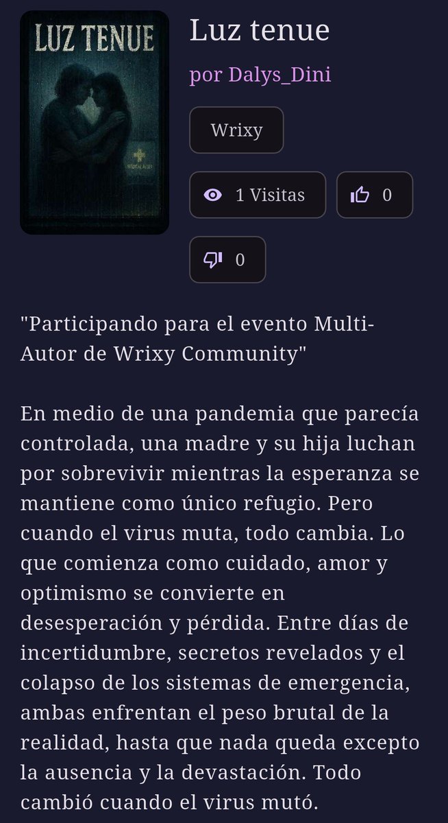 WrixyCommunity's tweet photo. Tenemos ganadores en la actividad "Multiautor" de Wrixy Community.
Muchas felicidades a la autora @DininnieNya, @Xsam1107 y @NebeTheDragon, con su obra "Luz tenue". ¡Felicidades! Gracias por participar y ser parte de la comunidad, te esperamos en la próxima.
#wrixy https://t.co/P0HrYYFQpw