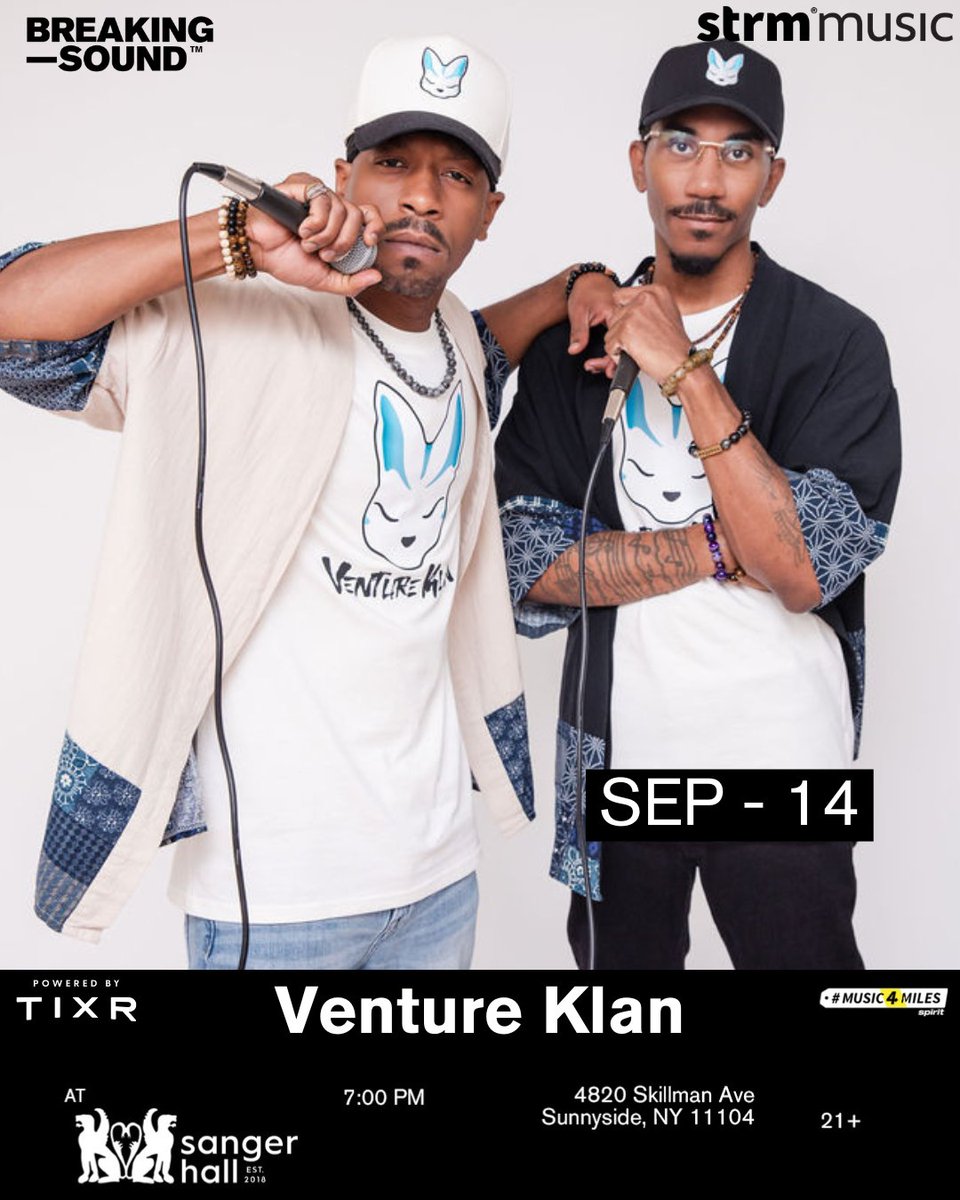 VentureKlan's tweet image. Yerrr!! We're outside playing Breaking Sound at Sanger Hall September 14 @ 7:00 p.m.!! Get your tickets to our show right now via the link in our bio!  We're ode excited to be on stage and s/o @breakingsoundnyc for their platform!

#ventureklan #breakingsound #hiphop #livemusic