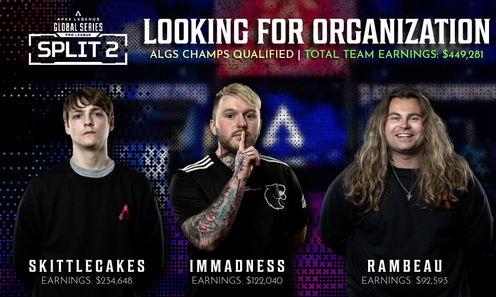 LFO for ALGS PL &amp; Champs with <a href="/RamBeauski/">RamBeau</a>
 &amp; <a href="/SkittleCakez/">SkittleCakes</a> !

A very experienced roster with HUGE potential and one I'm excited to pursue. Open to ALL offers and any questions about the roster feel free to DM me!

Currently at 2,174pts so we're guaranteed Champs after PL.