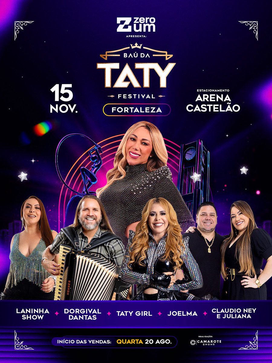 tatygirl's tweet image. Agora é oficial, Fortaleza! Dia 15 de novembro teremos um encontro épico pra curtir o Baú da Taty Festival no Estacionamento da Arena Castelão com convidados super especiais! Pra cima! ⏳✨

Início das vendas: Quarta • 20 de agosto.

#TatyGirl #BaúDaTatyFestival #PraCima