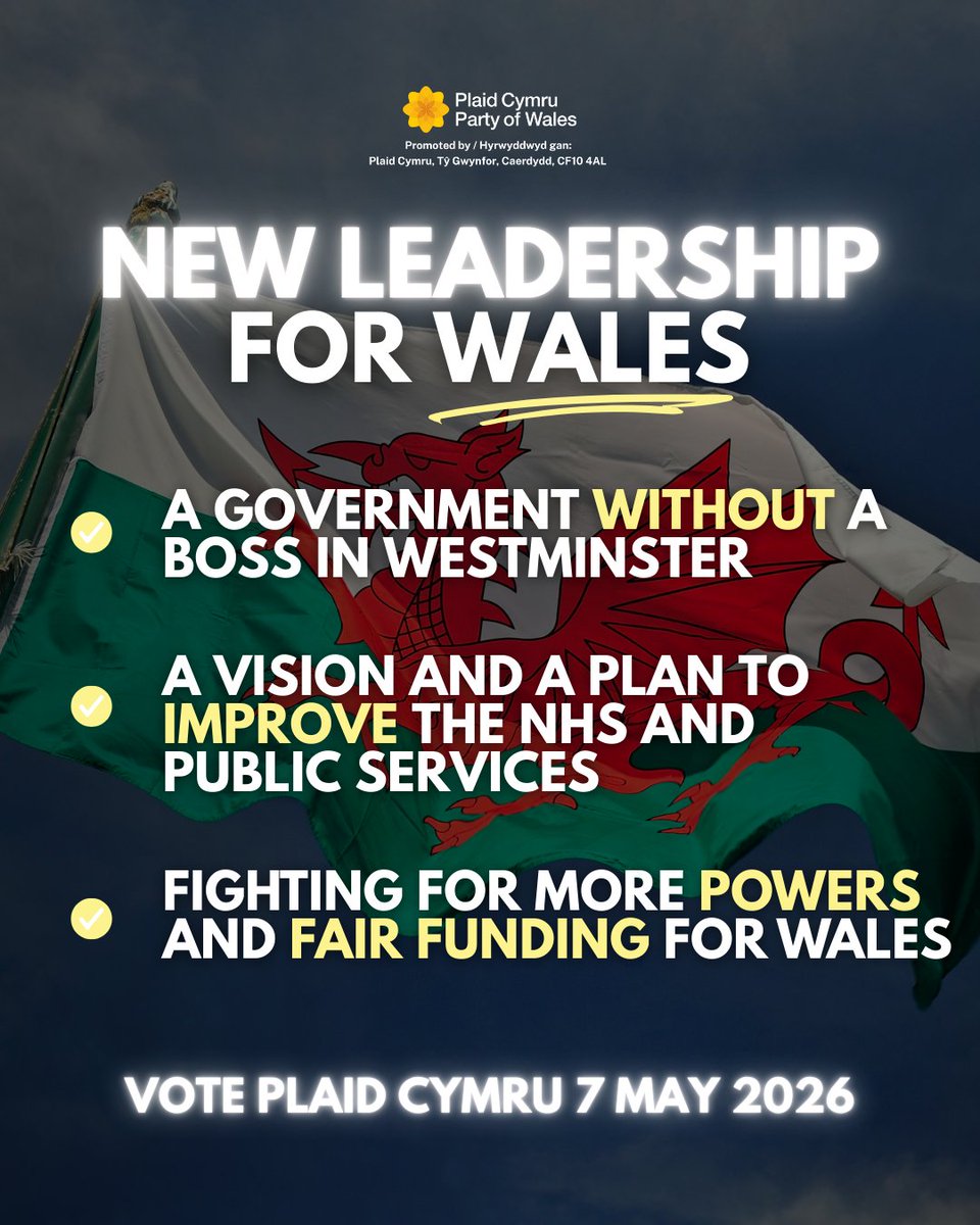 After 26 years of Labour, Wales needs new leadership. 

On the economy, on health, on education, Plaid Cymru offers a new vision with a real plan.

We'll stand up for Wales to demand the fairness our country deserves. 

Vote Plaid Cymru on 7 May 2026.