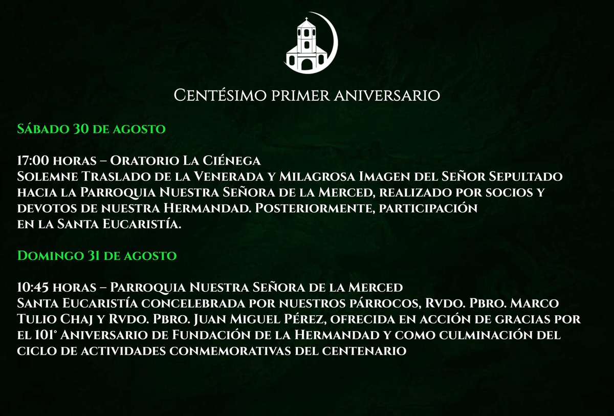 CHSSLaMerced's tweet photo. Programa de actividades conmemorativas al Centésimo primer aniversario de fundación de nuestra hermandad.

#chsslamerced
#medioschss
#unsigloencomunióneterna https://t.co/BuJT6yX5YW