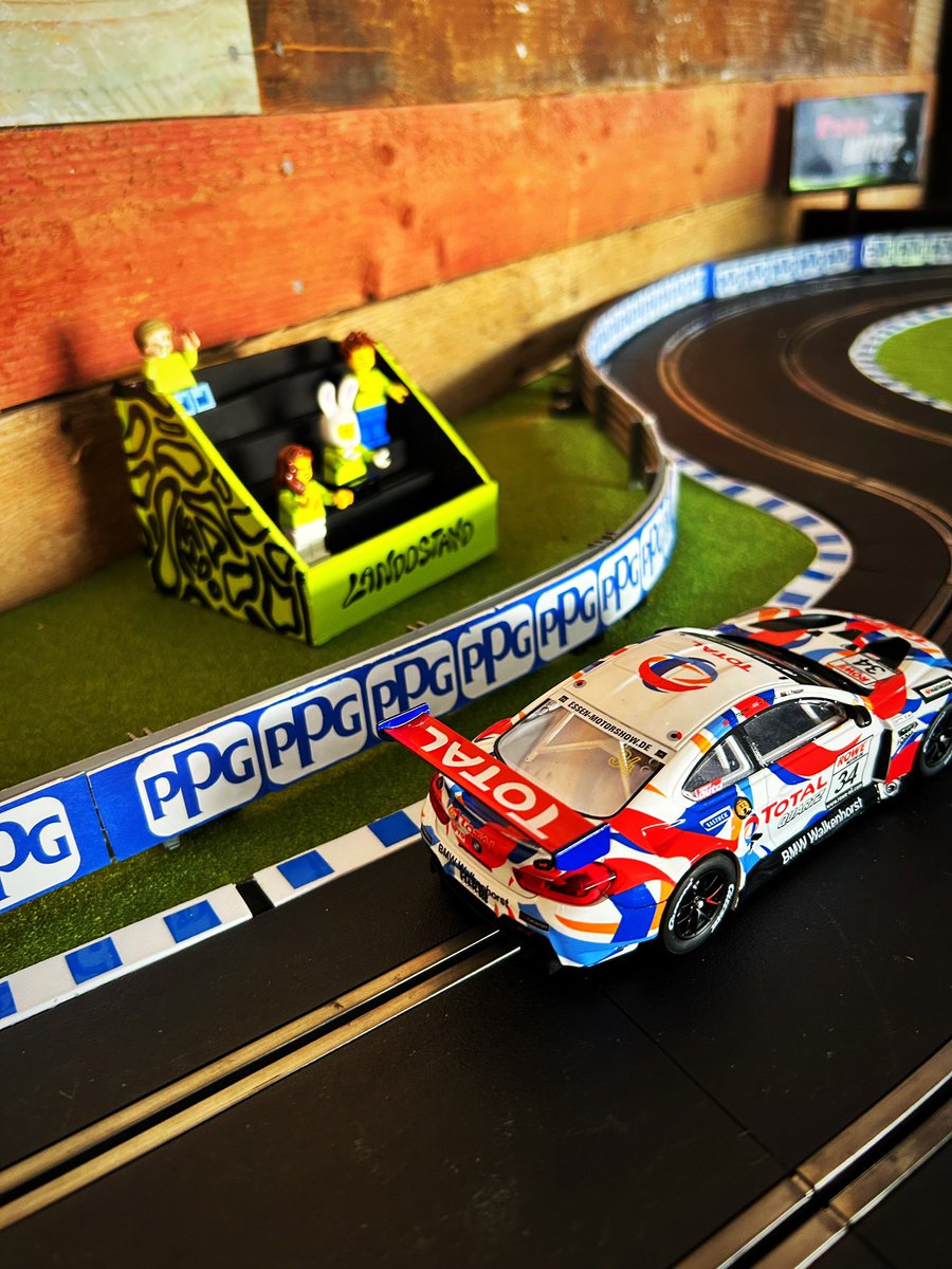 Slot car is finished. A lot more work than I thought getting it in racing shape. Then I had to add things like a Pato Who? Billboard and Landostand. Also Sloan wanted PPG for her guy Josef 😂.