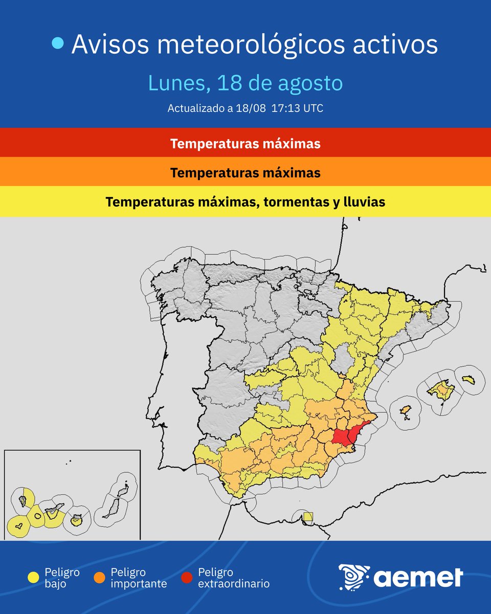 ⚠️🔴 AVISOS ROJOS | Temperaturas máximas muy altas el lunes 18 en las siguientes zonas 👉

→ Litoral sur de Alicante: 42 °C o más.
→ Vega del Segura (Murcia): 44 °C o más.

Aunque bajarán las temperaturas en la Península, todavía en el sureste el calor será muy intenso.