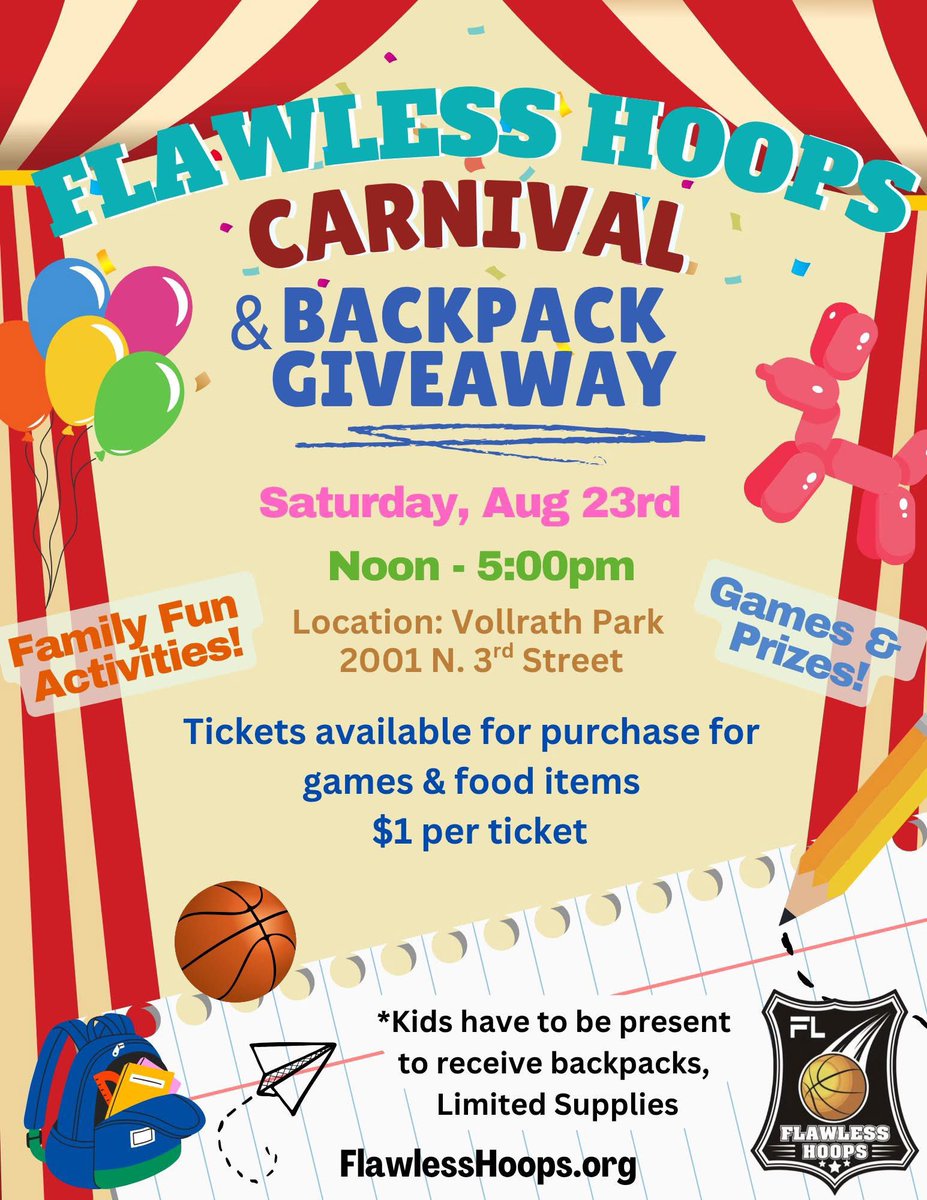 Back To School Carnival!!!
Backpack Giveaway!!!
*Kids must be present to receive a backpack.*
Limited Supplies
#flawlesshoops #SheboyganCounty
#BackToSchool #Sheboygan