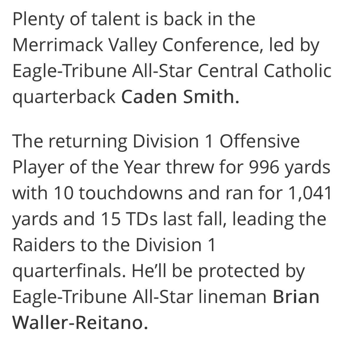Brian Waller-Reitano | CCHS #79 | co27 OL/DL (@brian_reitano) on Twitter photo Thanks <a href="/EagleTrib/">The Eagle-Tribune</a> for the shout out for me and <a href="/SmithCaden_/">Caden Smith | Class of 2027 QB</a> but we are far from the only talent returning this year for <a href="/CCRaider_FBall/">CCHS Football</a> Our team has put in the work all offseason and we are looking to come out swinging.
<a href="/cadengchase/">Caden Chase</a> <a href="/Emmanuel_L52/">Emmanuel Lizardo</a> <a href="/DylanT_Brown/">Dylan</a> <a href="/Luis13Santana/">Luis Santana</a> Thanks <a href="/EagleTrib/">The Eagle-Tribune</a> for the shout out for me and <a href="/SmithCaden_/">Caden Smith | Class of 2027 QB</a> but we are far from the only talent returning this year for <a href="/CCRaider_FBall/">CCHS Football</a> Our team has put in the work all offseason and we are looking to come out swinging.
<a href="/cadengchase/">Caden Chase</a> <a href="/Emmanuel_L52/">Emmanuel Lizardo</a> <a href="/DylanT_Brown/">Dylan</a> <a href="/Luis13Santana/">Luis Santana</a>