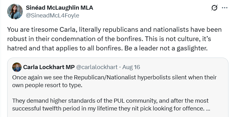 The peace process summed up:

1. Loyalists demand Nationalist leaders police their community more. 
2. Nationalists whine "we're already policing our community as hard as we can!"
3. Loyalists keep doing whatever they like
4. Brits dying of laughter