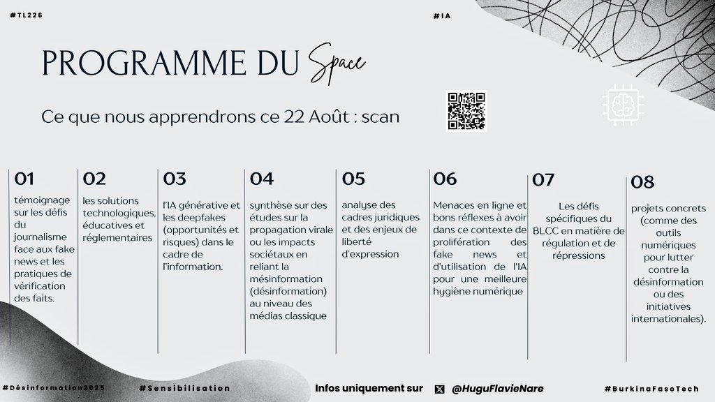 Cher #TL226, pour le space de ce vendredi 22 août à 20h GMT voici le programme des différentes communications.

Les interventions auront pour but de contribuer à répondre à :  « Comment restaurer la confiance dans l’information à l’ère numérique/Intelligence artificielle ? »