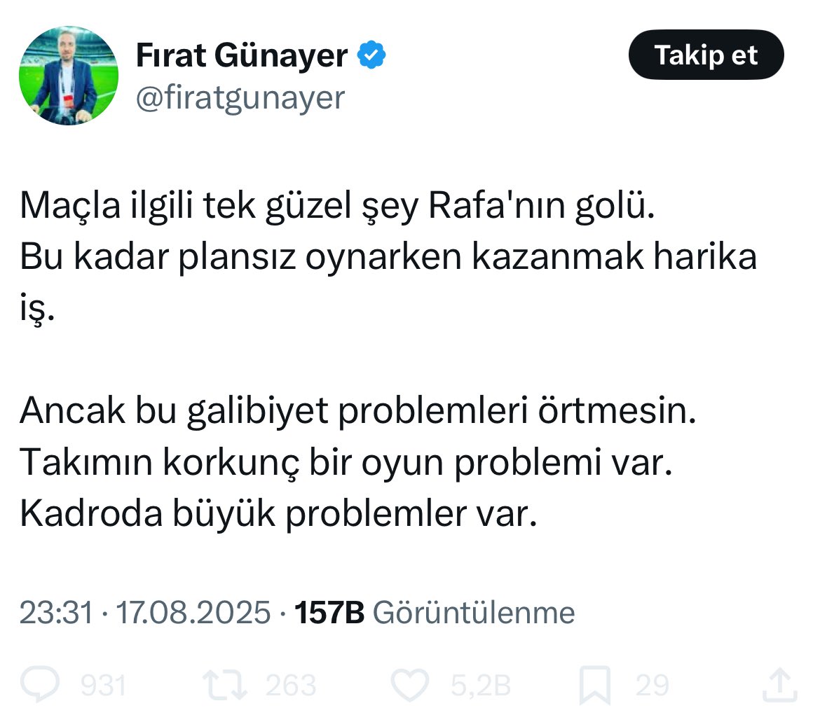 3 xG ile oynadığımız maçtan sonra şunları yazıp hocaya sallayacak kadar aşağılık, takımın eksiklerine değinmeyecek kadar da satılıksın!