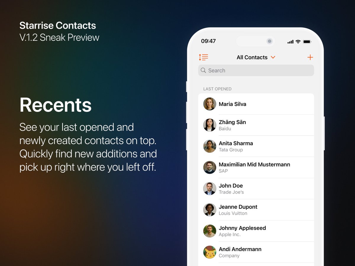 StarriseApps's tweet photo. 🕒 #Recents in #StarriseContacts V.1.2 lets you see your last opened and newly created contacts on top. Easily pick up where you left off and find your newest contacts without having to remember their names.

#iOS #ContactsApp #Productivity #iPhone #PersonalCRM #AppUpdate https://t.co/ayXOCN9ska