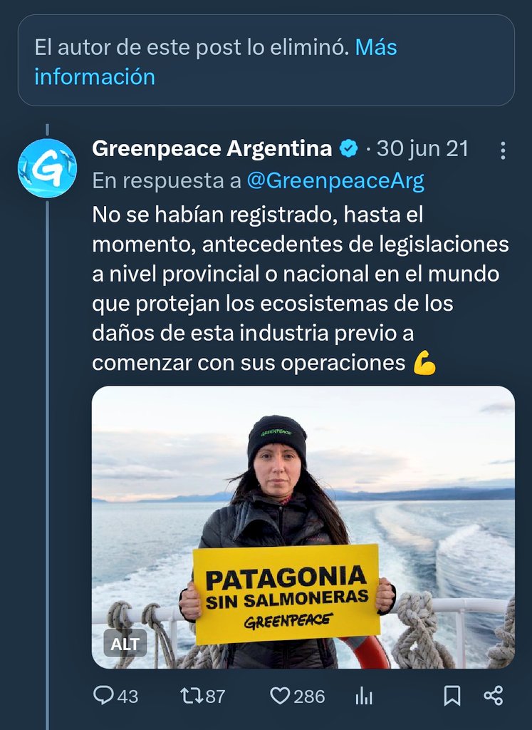 Se acuerdan del hilo de greenpeace y las salmoneras? Eliminaron el tuit principal para que no los puteen.